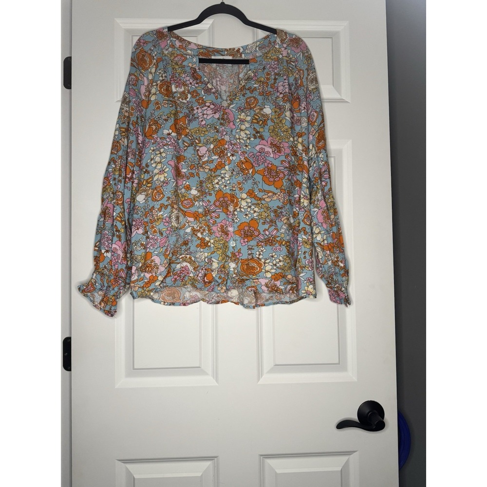 Emily Wonder Plus Size Floral V Neck Button Down Long Sleeve Blouse Boho 1x